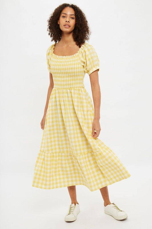 Louche Babette Picnic Check Midi Dress Yellow