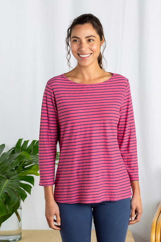 Cut Loose 3/4 Boatneck Top Stripe Berry