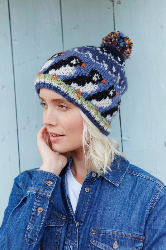 Pachamama Circus Of Puffins Bobble Beanie Blue