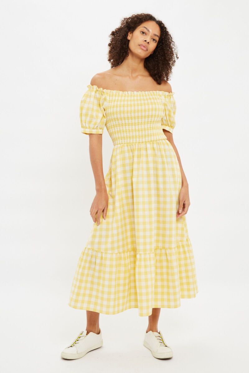 Louche Babette Picnic Check Midi Dress Yellow