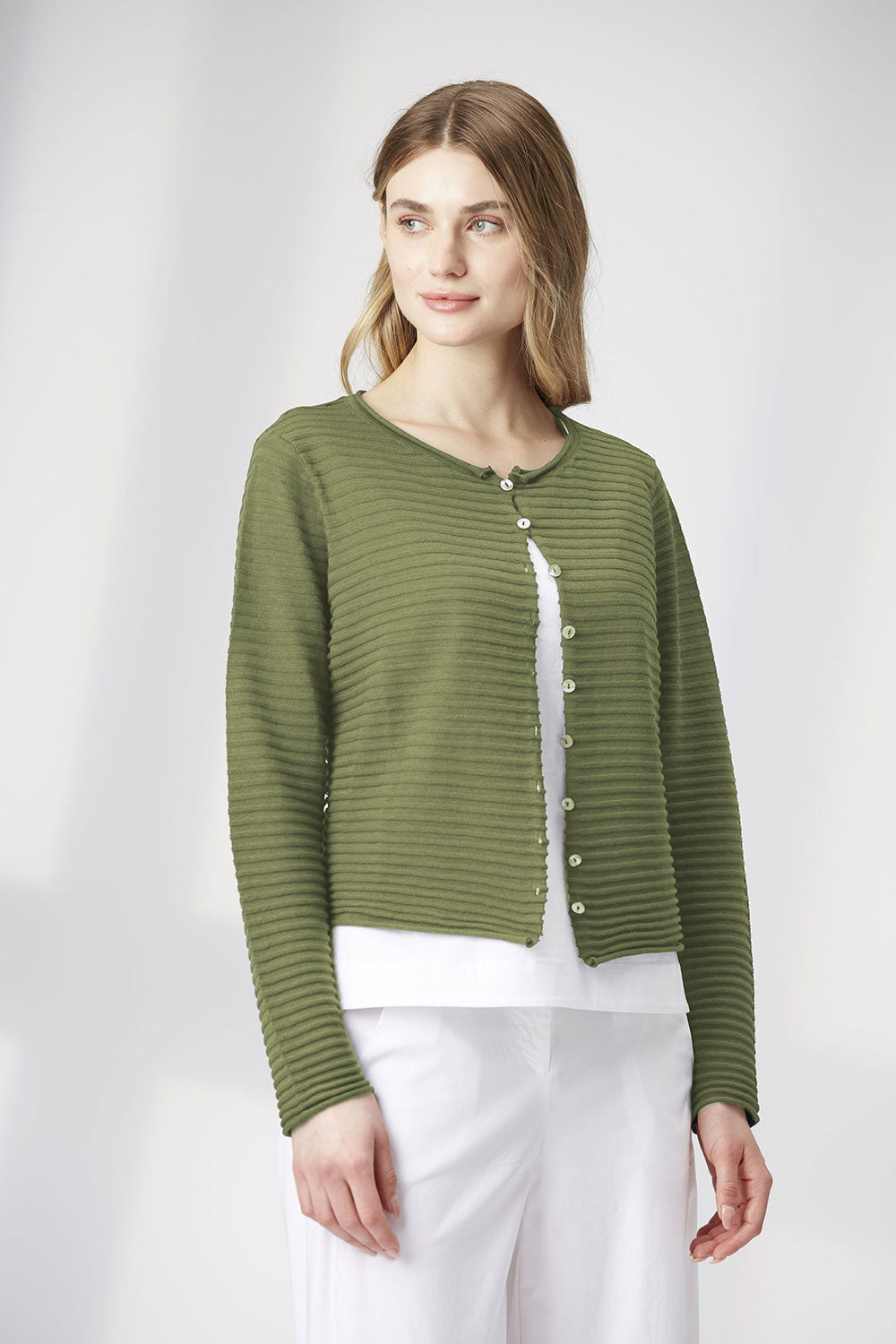 Yellow Label Ribbed Button Up Cardigan Pebble