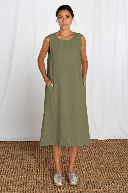 Cut Loose Solid Linen Seamed Easy Dress Seaweed
