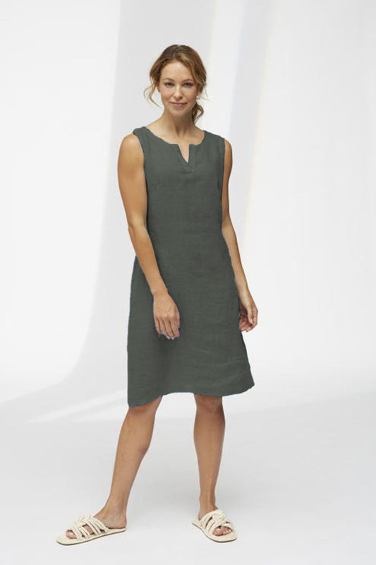 Yellow Label Linen Short Sleeve Dress Eucalyptus Green