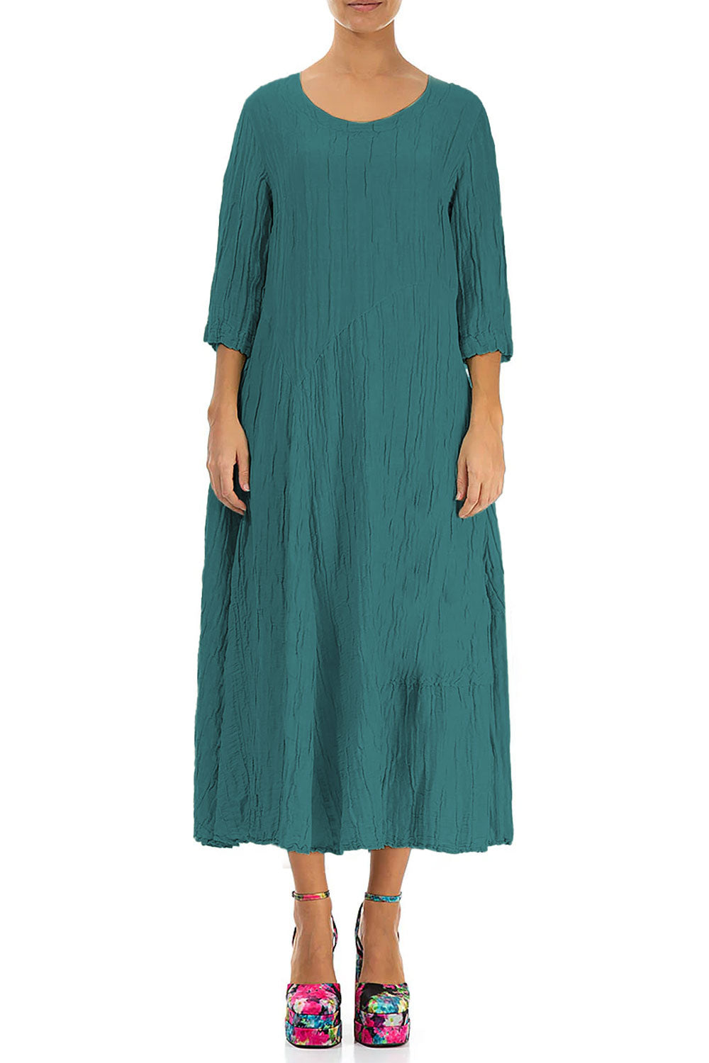 Grizas Crinkle Silk 9174 Linen Dress Teal