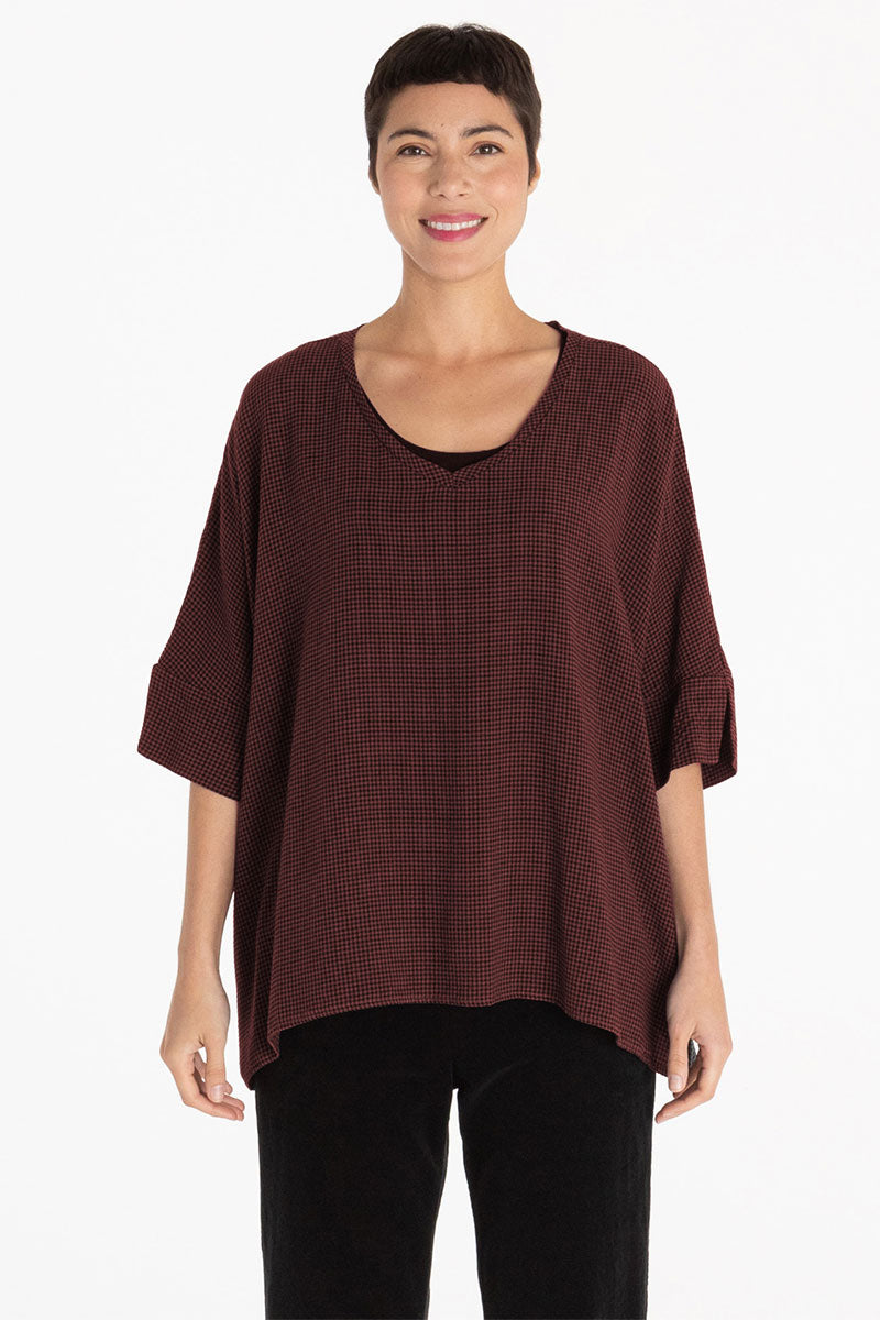 Cut Loose Mini Check V-Neck Top Barnwood Brown