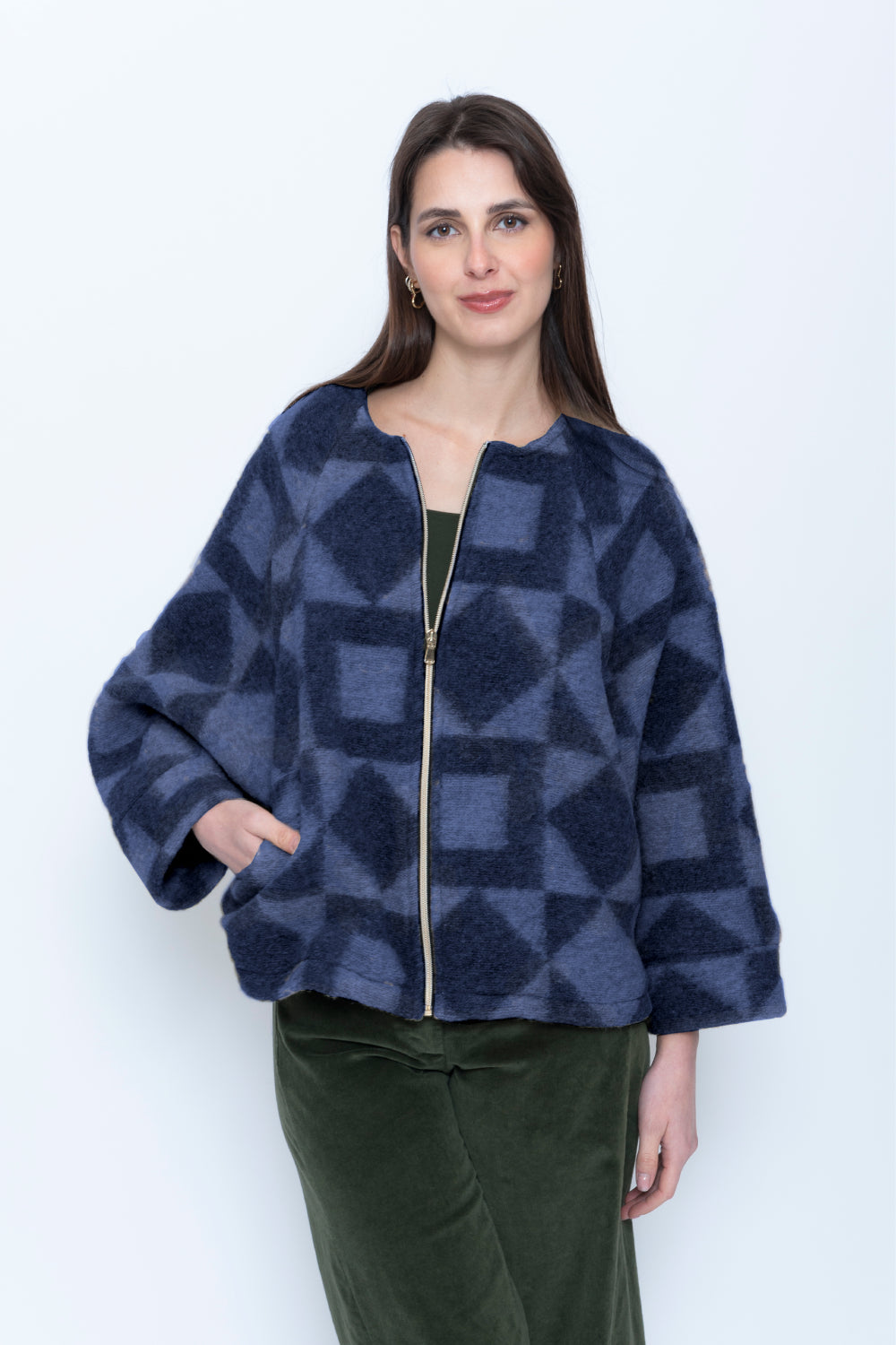 Geometric Boiled Wool Zip Jacket